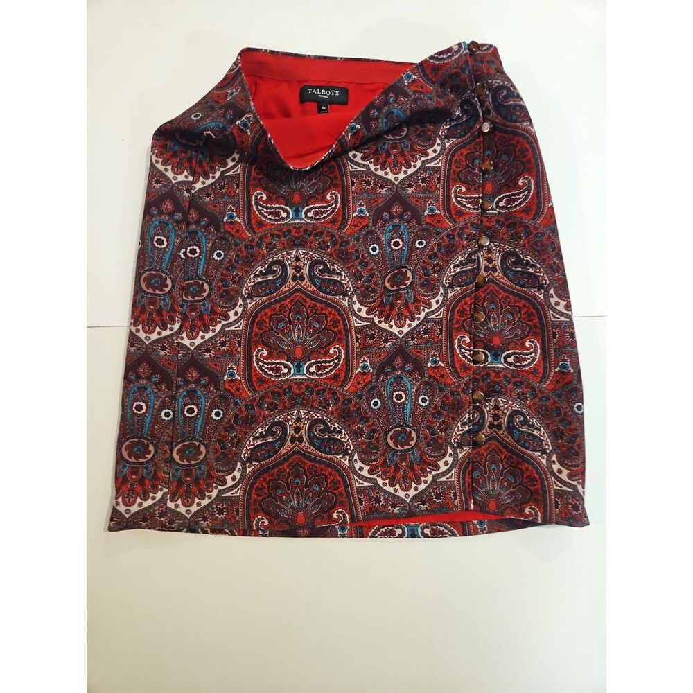 Talbots Womens Paisley Pencil Skirt Size 4 Petite Red Button Detail Classic Mini